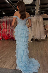 Lace Corset Blue Prom Dress Off the Shoulder with Ruffle